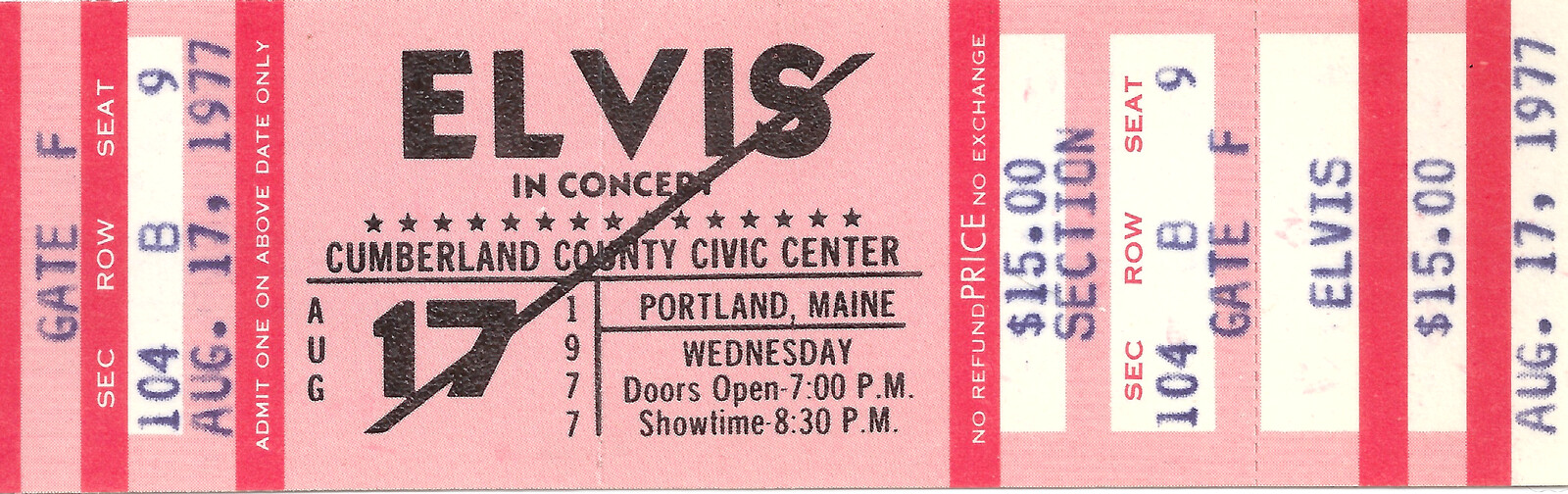 Elvis Portland concert ticket dated August 17, 1977