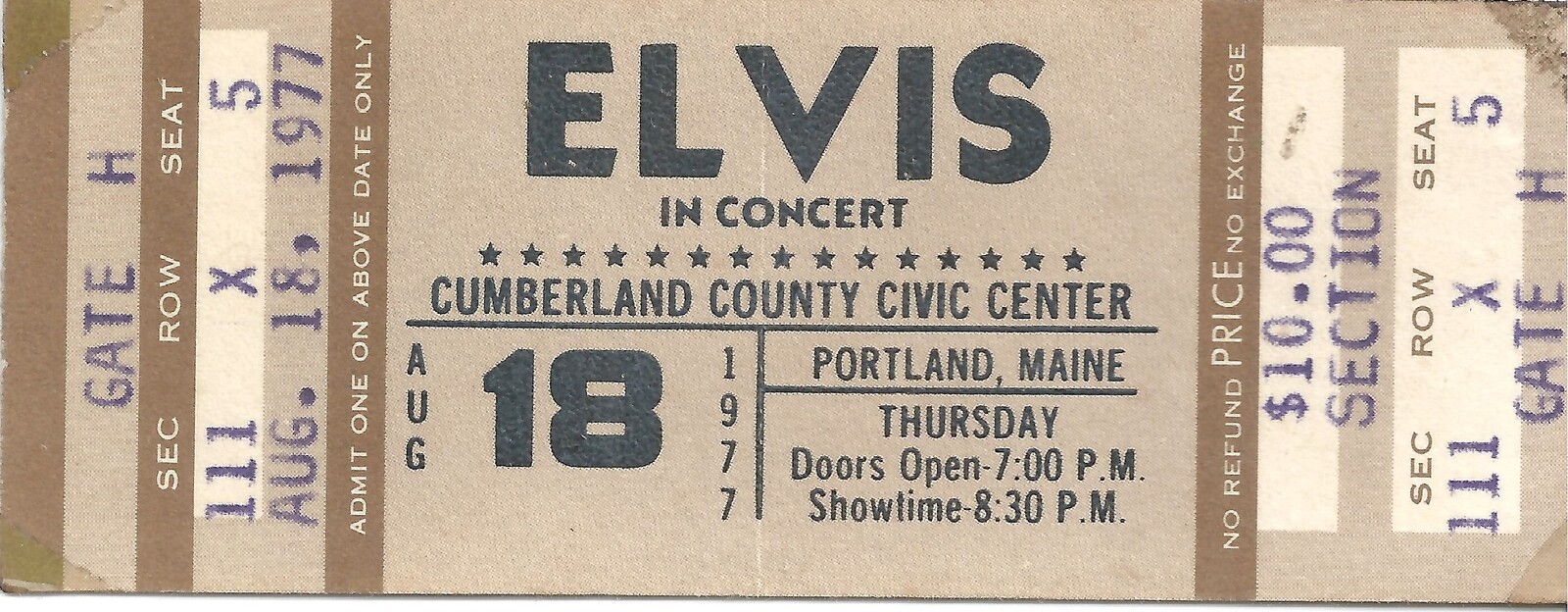 Elvis Portland concert ticket dated August 18, 1977