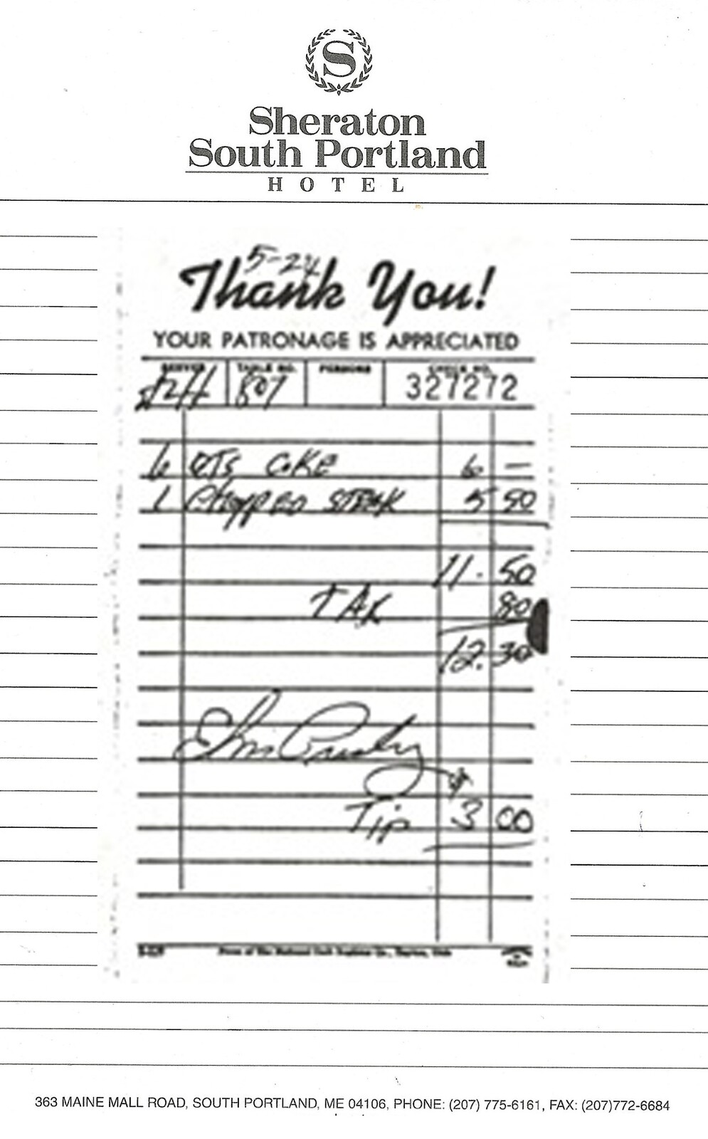 Sheraton Inn receipt connected with Elvis's Maine visit